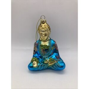 NEW  Glass Christmas Ornament Buddha Meditation Serene Embellished BLUE FLORAL